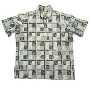 Reyn Spooner Hawaiian Shirt Mens M Yellow Tiki Sun Fruit Aloha Short Sleeve VTG